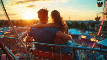 Couple Embracing on Ferris Wheel Ride at Sunset photo