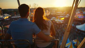 Couple on a Ferris Wheel at Sunset Overlooking a Carnival photo