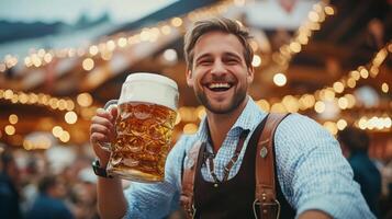 Cheerful Man in Traditional Attire Holding a Large Beer Mug photo