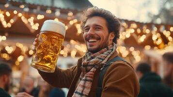 Man Smiling and Holding a Large Glass of Beer photo