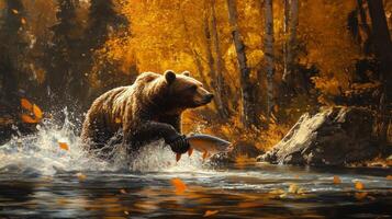 A brown bear is jumping into the water with a fish photo