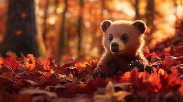 A brown bear is sitting in the leaves photo