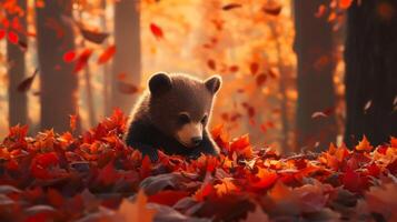 A bear in the forest surrounded by autumn leaves photo