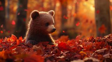 A brown bear is sitting in the leaves photo