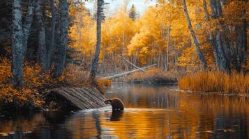 A bear is standing in the water in the middle of a forest photo