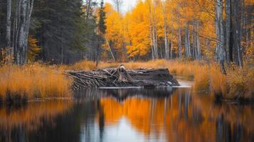 A river in the middle of a forest with trees and yellow grass photo