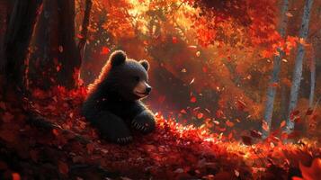 A bear sitting in the leaves in the forest photo