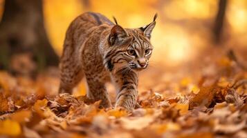A lynx cat walking through the leaves in the woods photo