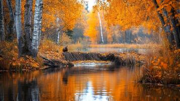 Autumn landscape with a bridge over a river photo