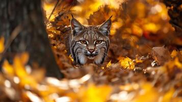 A bobcat is hiding in the leaves photo