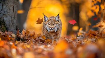 A lynx is walking through the leaves in the fall photo