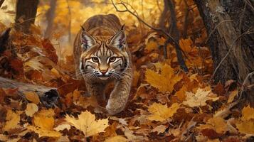 A bobcat walking through the woods in autumn photo