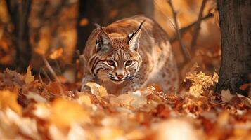 A lynx is walking through the woods in the fall photo
