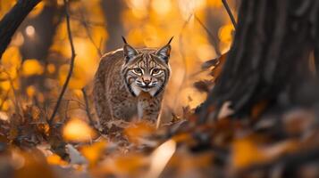 A lynx is walking through the woods in the fall photo