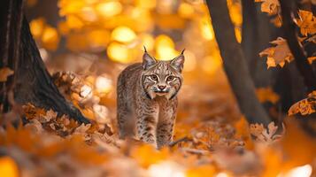 A lynx is walking through the woods in the fall photo