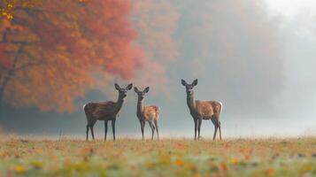 Three deer standing in the middle of a field photo