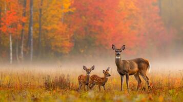 Two deer and their fawn in the fall photo