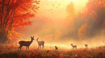 Deer in the autumn forest at sunrise photo