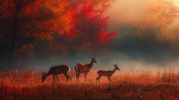 Three deer in the fog in the forest photo