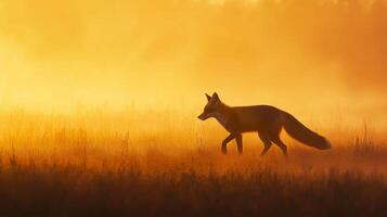A fox is walking through a field at sunrise photo