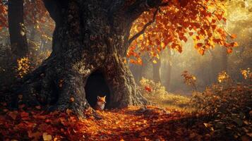 A fox sits in the middle of an autumn forest photo