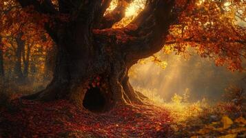An old tree in the woods with leaves falling photo