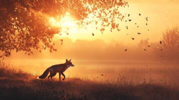 Fox in the mist at sunset photo