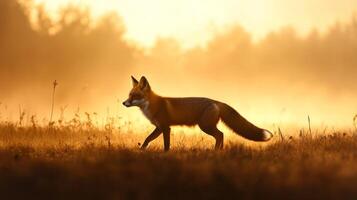 A fox is walking through a field at sunrise photo