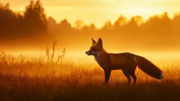 A fox stands in a field at sunrise photo