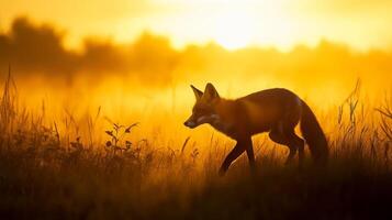 A fox is walking through a field at sunset photo