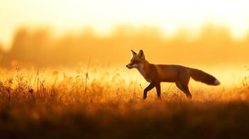 A fox is walking through a field at sunset photo