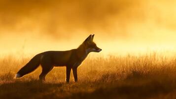 A fox stands in the sun on a field photo