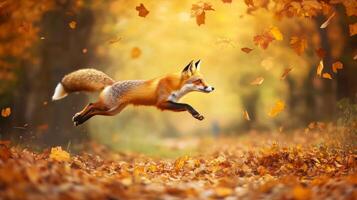 A fox running through the leaves in an autumn forest photo