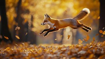 A fox jumping in the air in the autumn photo