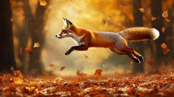 Fox jumping in the autumn forest photo