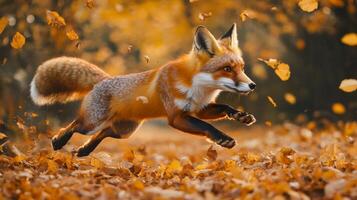 A fox running through the leaves in the autumn photo