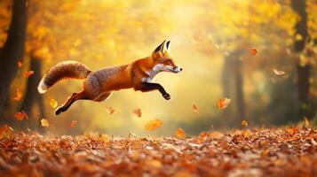 Fox jumping in autumn forest photo