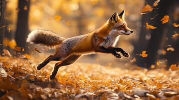 A fox running through the leaves in the autumn photo