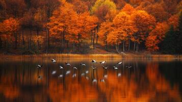 Autumn forest, birds, birds flying, birds flying over water photo