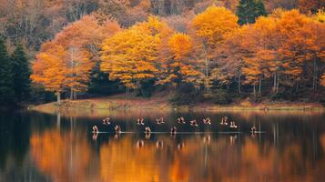 A flock of birds flying over a lake in the fall photo