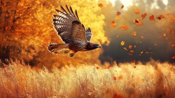 A hawk flying over a field of autumn leaves photo