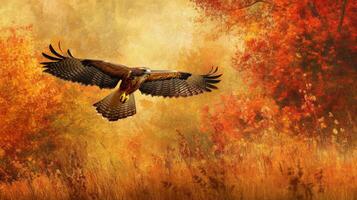 A painting of an eagle flying over a field photo