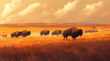 A painting of bison in a field photo