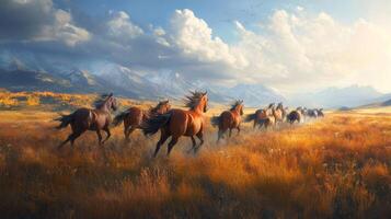 A group of horses running in a field photo
