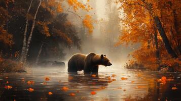 A bear is walking through a river in the woods photo