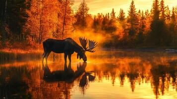 A moose is standing in the water at sunset photo