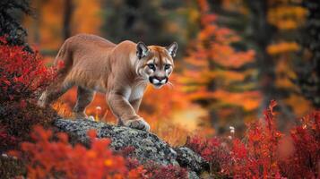 A cougar walking through the forest in autumn photo