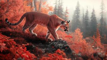 A cougar walking through the forest in the fall photo