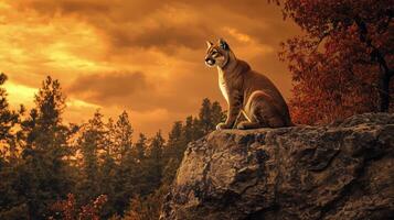 A cougar sitting on a rock in front of an orange sky photo