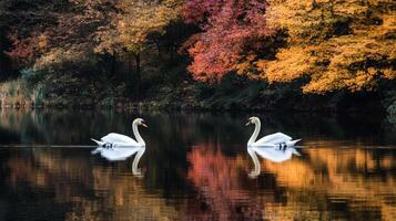 Two swans swimming in the water near autumn trees photo